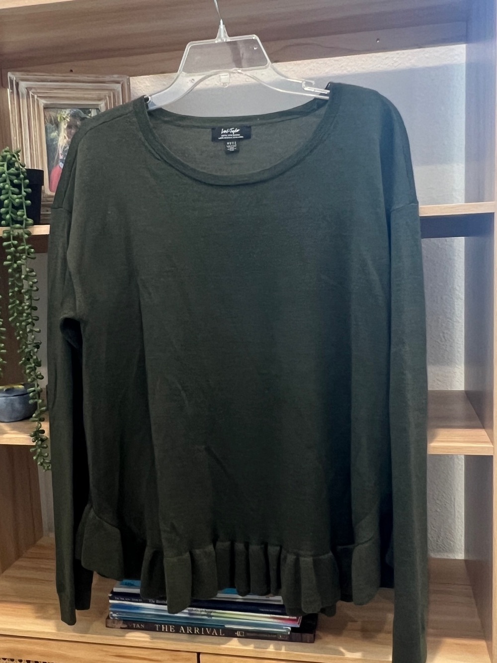 Merino Wool Olive Green Ruffle-Hem Long Sleeve Fine Gauge Sweater NWOT
